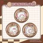 A complete box of 6 genuine Sanrio Family Cotton Doll Badges from the Card Game series (tin styling).