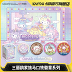 A complete box of 6 genuine Sanrio Family Cotton Doll Badges from the Card Game series (tin styling).