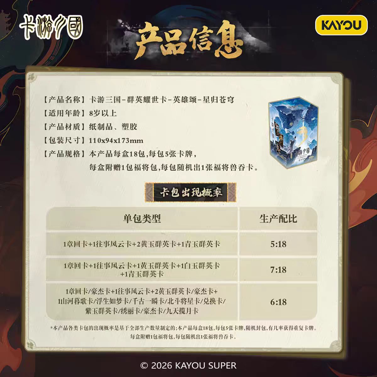 KAYOU Three Kingdoms - Heroes Shine the World Card - Ode to Heroes - Stars Return to the Sky